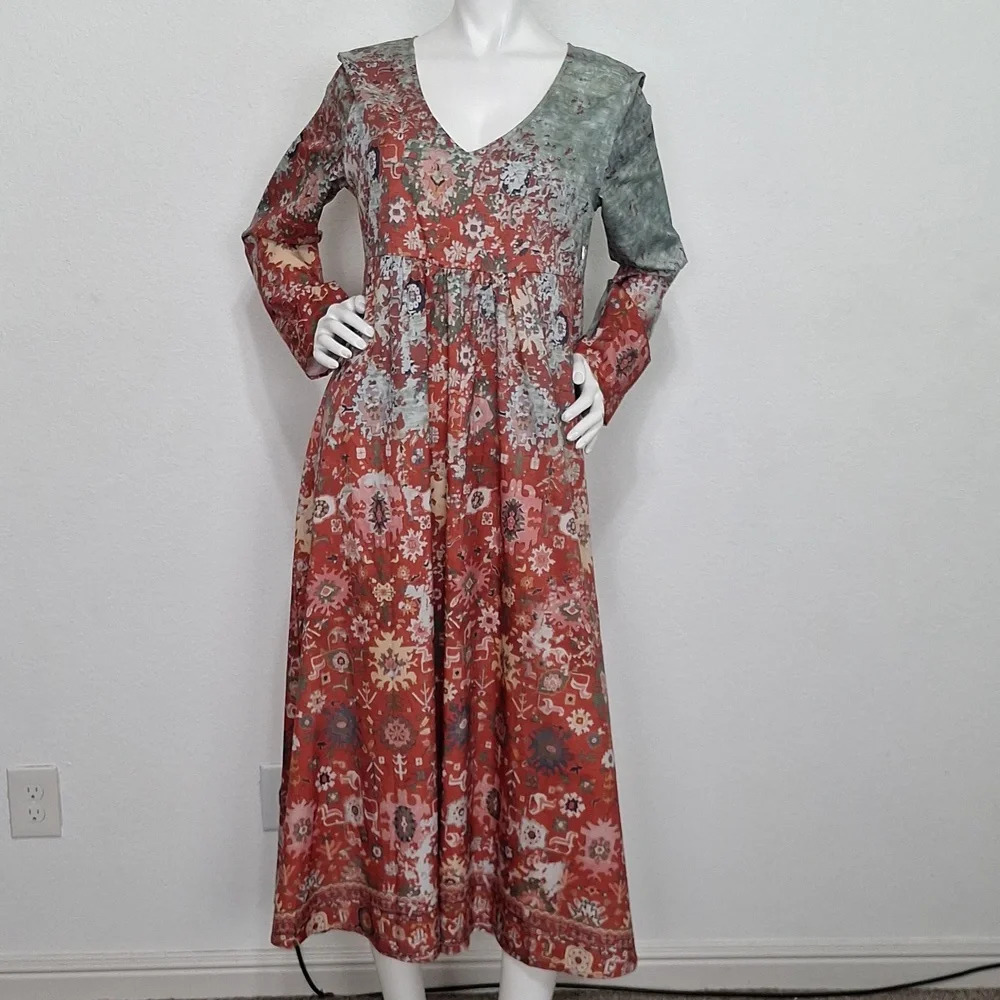 Olive Green & Rust Bohemian Indie Long Sleeve Abstract Medallion Midi Dress Sz L
